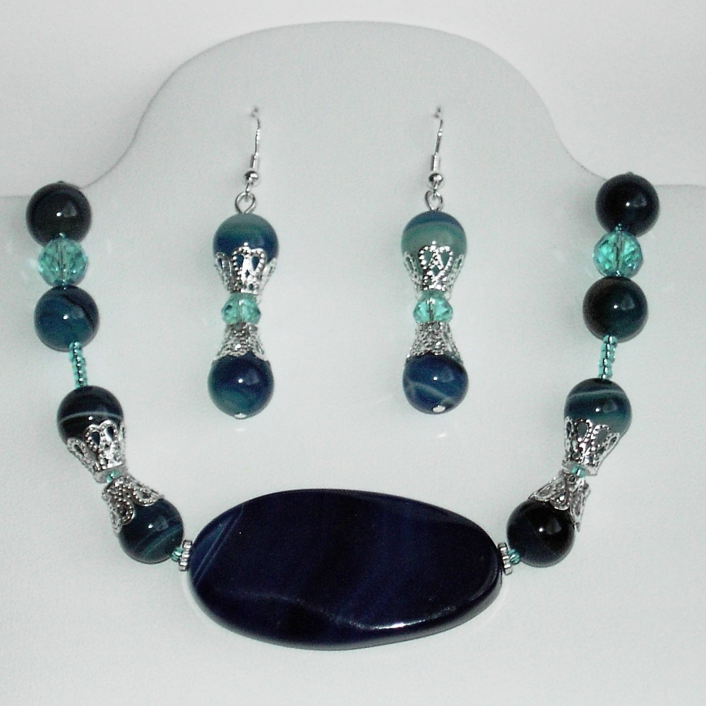 Blue stripe agate necklace/earrings (#282,284)